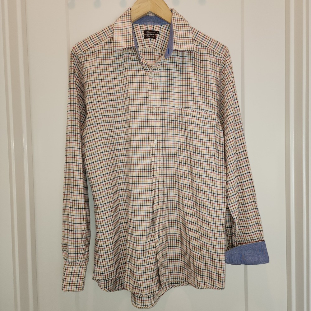 J. McLaughlin Mens M Trim Fit Plaid‎ Button Down Shirt Red Blue Yellow Preppy